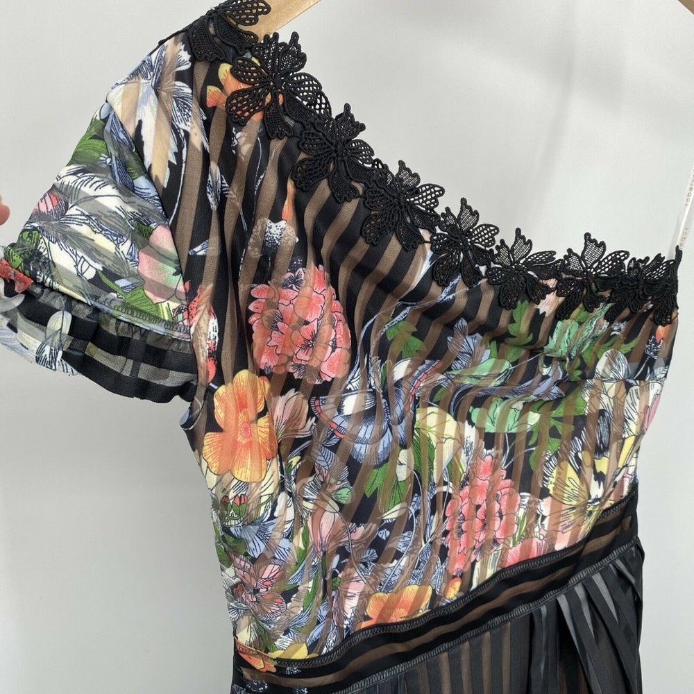 foxiedox One-Shoulder Floral Pleated Midi Dress in Black and Multicolor - Picture 2 of 12